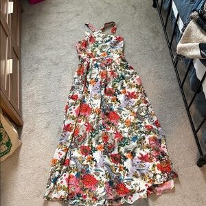 Lulu's Floral Maxi Dress in White with Red, Green & Orange Accents